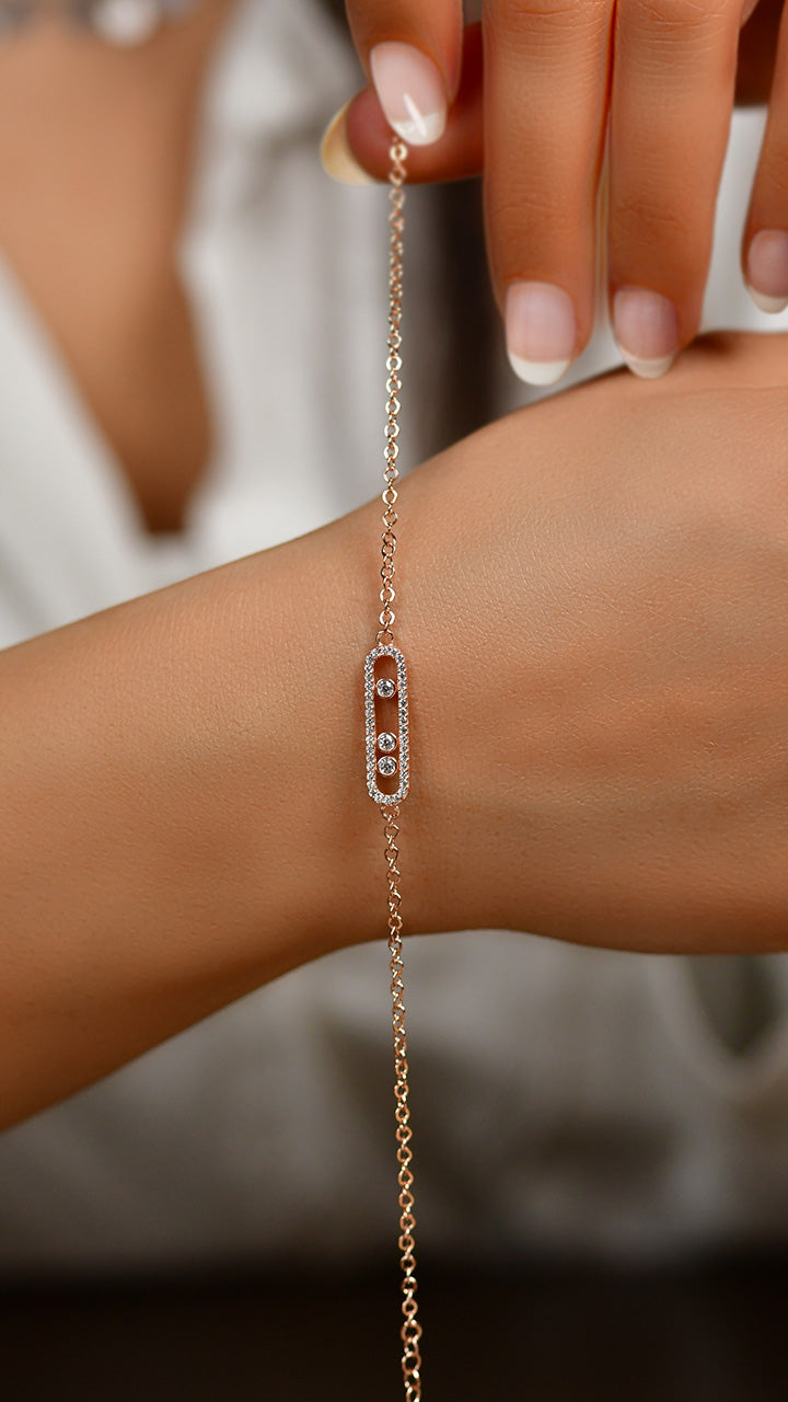 Bracelet à maillons en argent 925, motif ovale station or rose et zircon