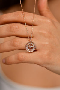 Rose Compass Silver Necklace with Zircon Stone