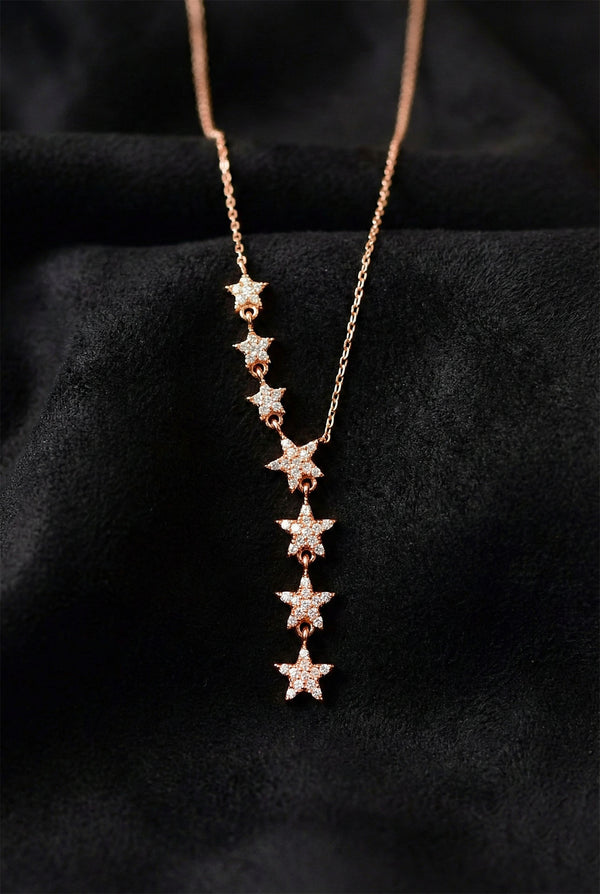 Rose Gold Plated Zircon Cascading Star Necklace | 925 Silver