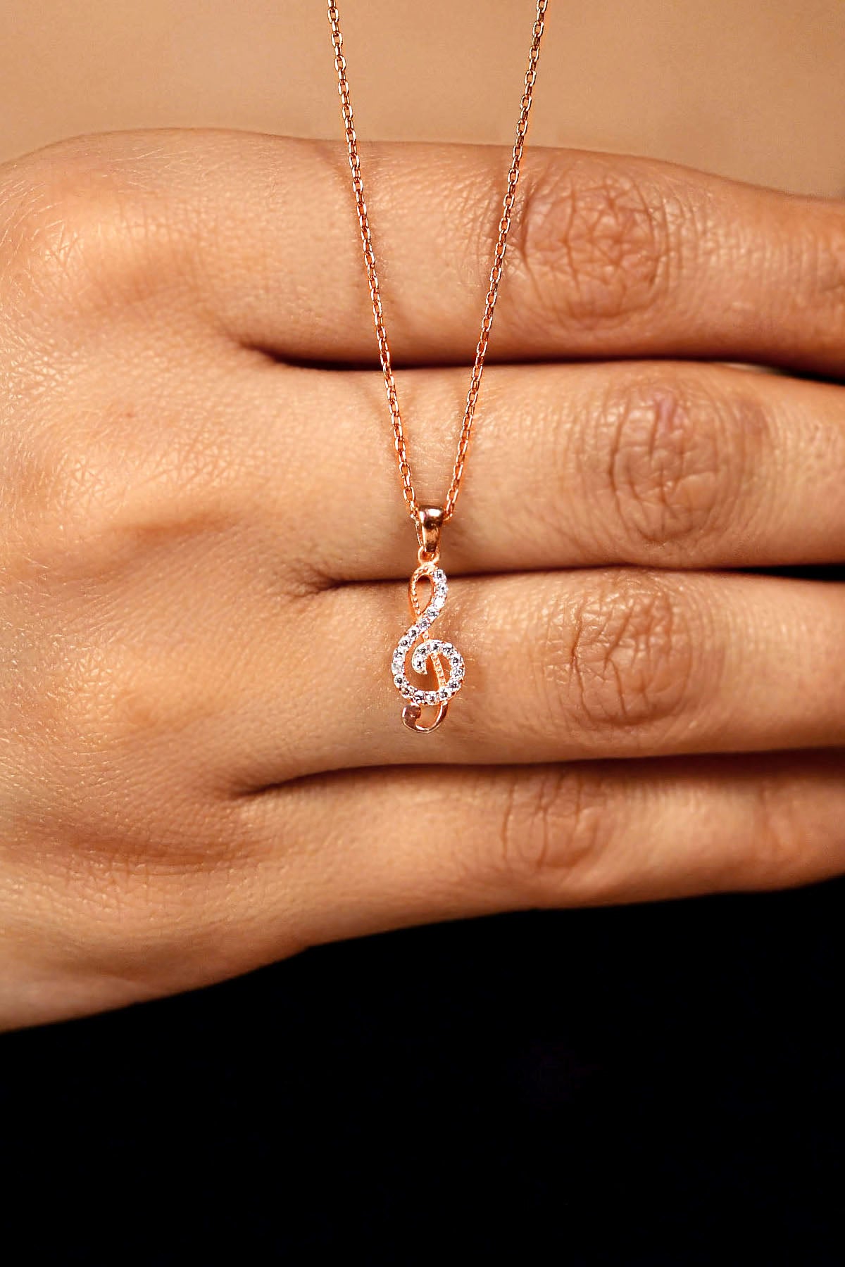 Rose Plated Zircon Treble Clef Pendant Necklace in 925 sterling silver - view 2