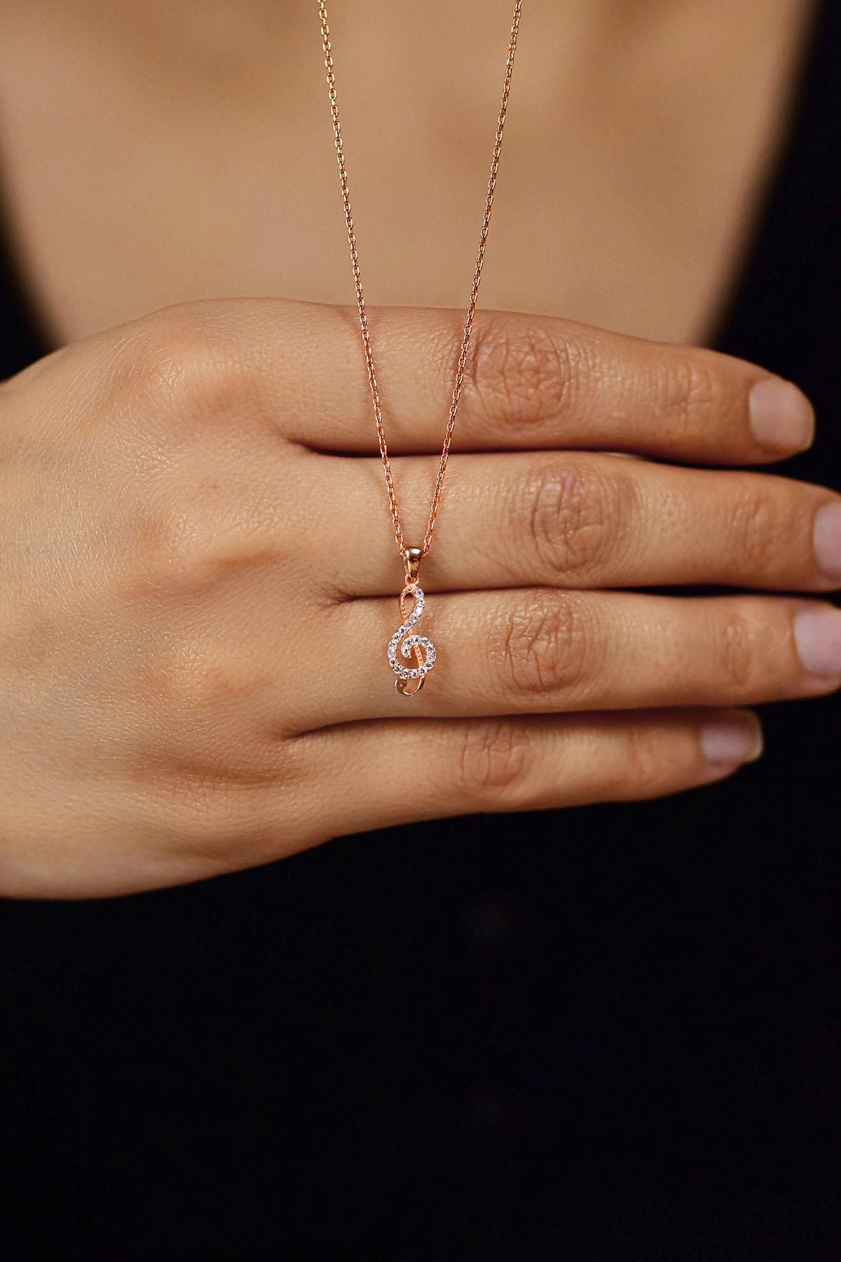 CZ Treble Clef Minimalist Necklace Rose Gold Plated Silver