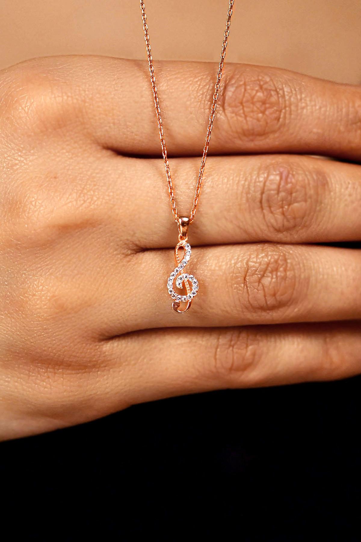 Zircon Stone Rose Treble Clef Minimal Silver Necklace