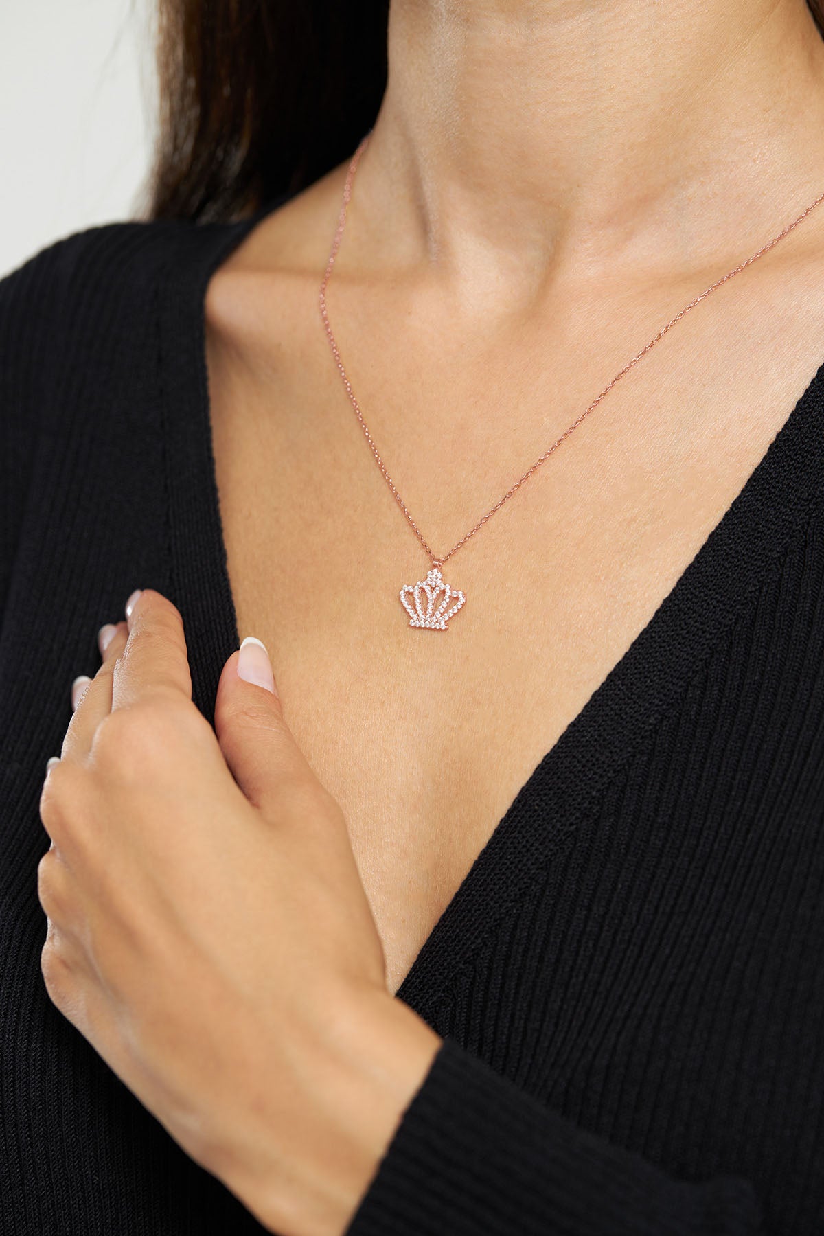 Rose Plated Crown Pendant Necklace with Stone 2 | 925 Silver