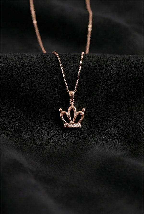 Rose Plated Crown Pendant Necklace with Stones | 925 Silver