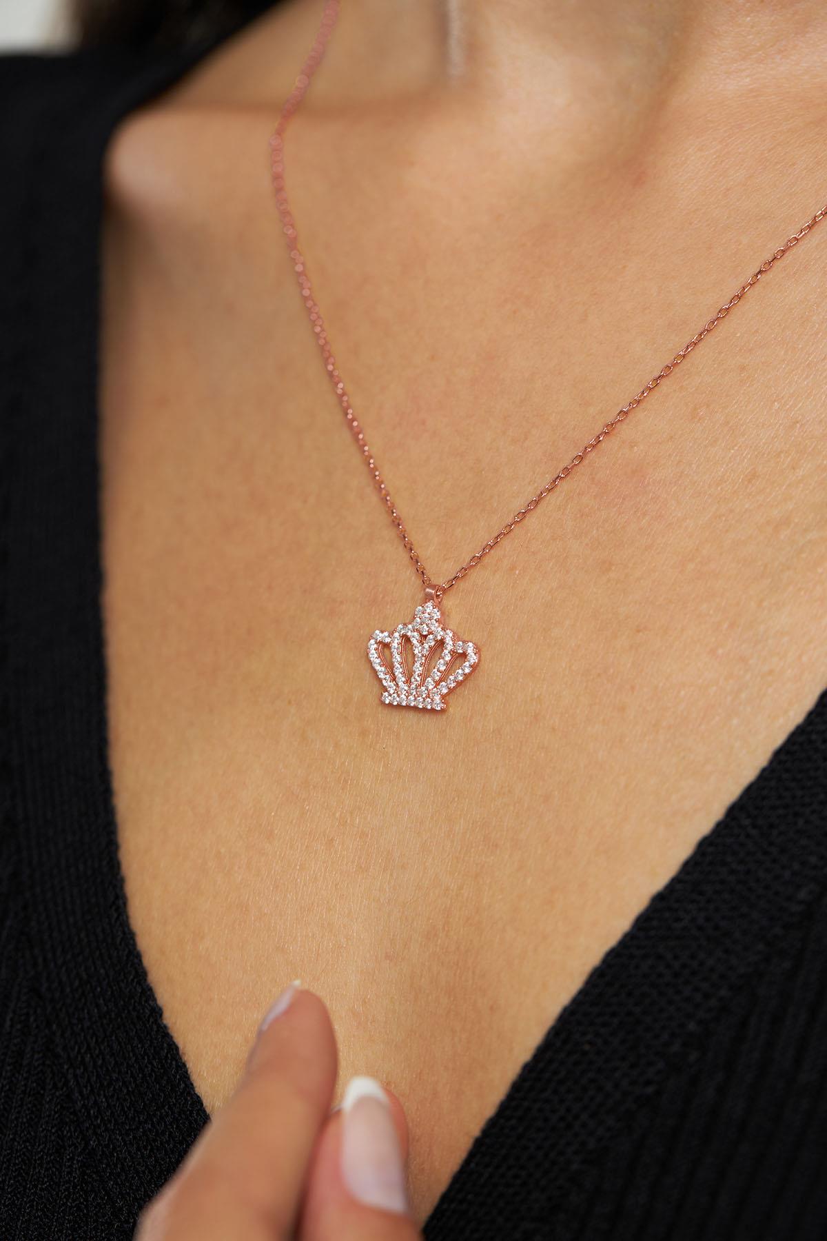 CZ Pave Crown Necklace Rose Gold Plated Silver