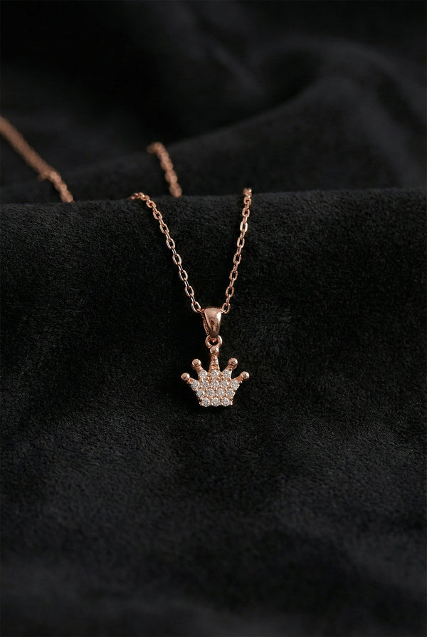 Rose Gold Zircon Minimal Crown Pendant Necklace | 925 Silver