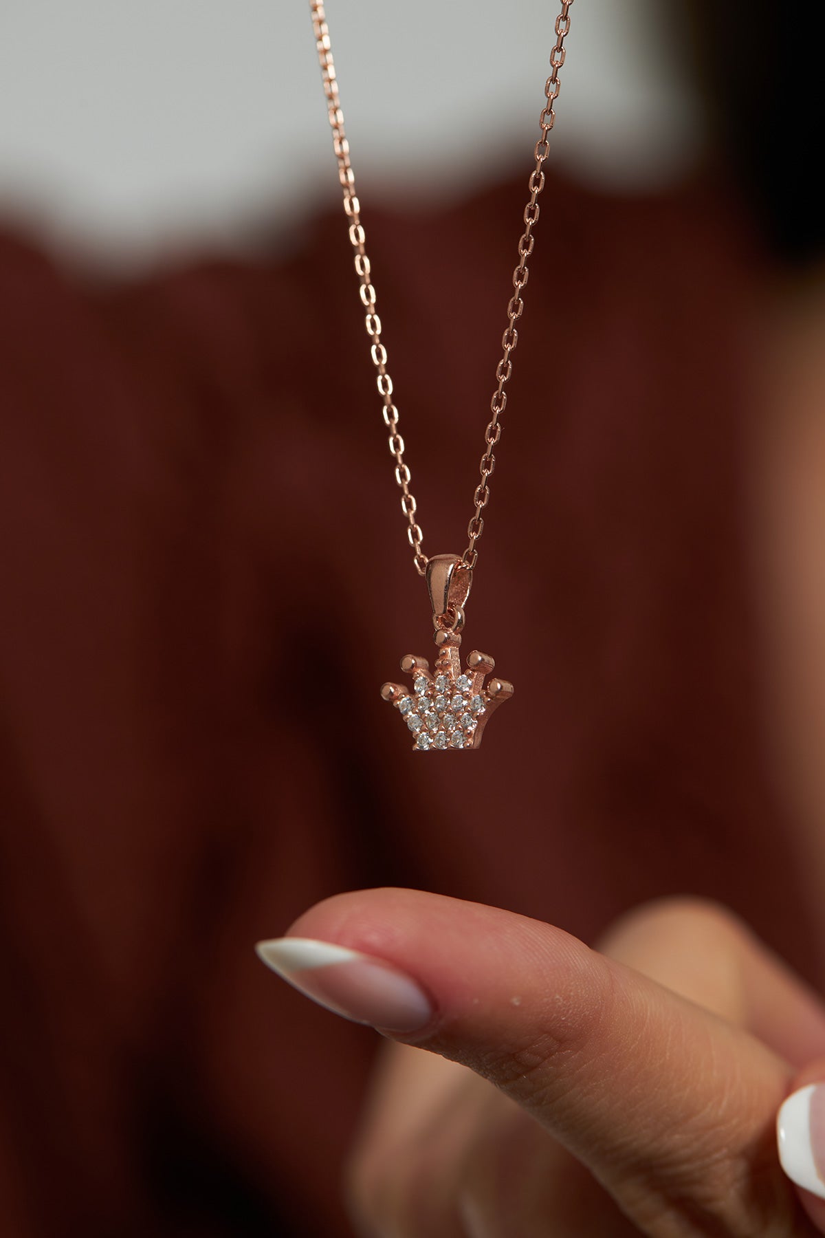 Rose Gold Zircon Minimal Crown Pendant Necklace | 925 Silver