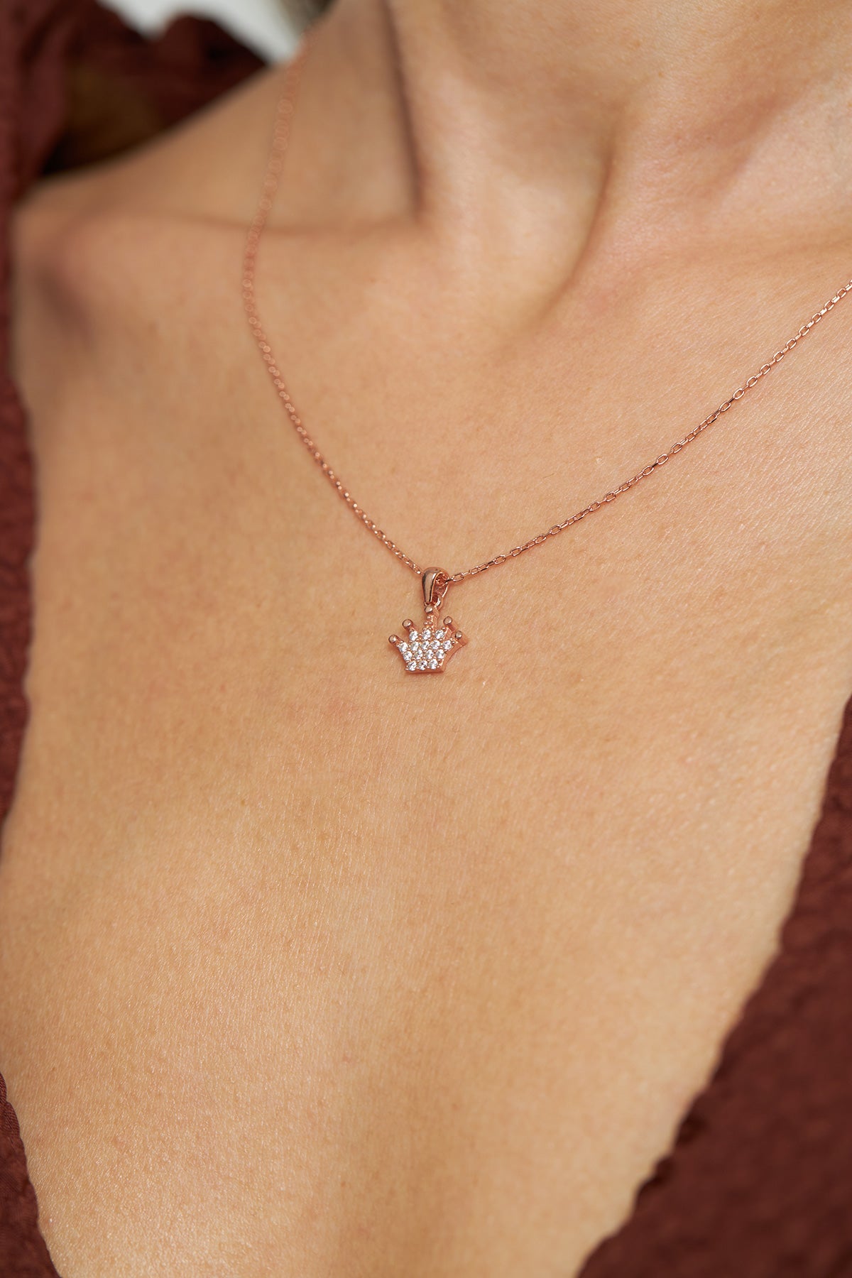 Rose Gold Zircon Minimal Crown Pendant Necklace | 925 Silver