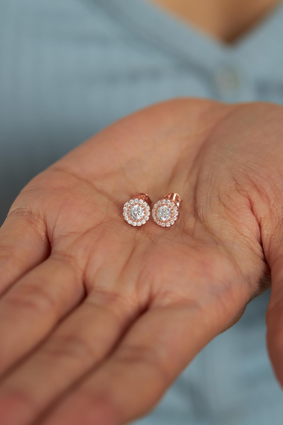 CZ Solitaire Halo Stud Earrings Rose Gold Plated Silver