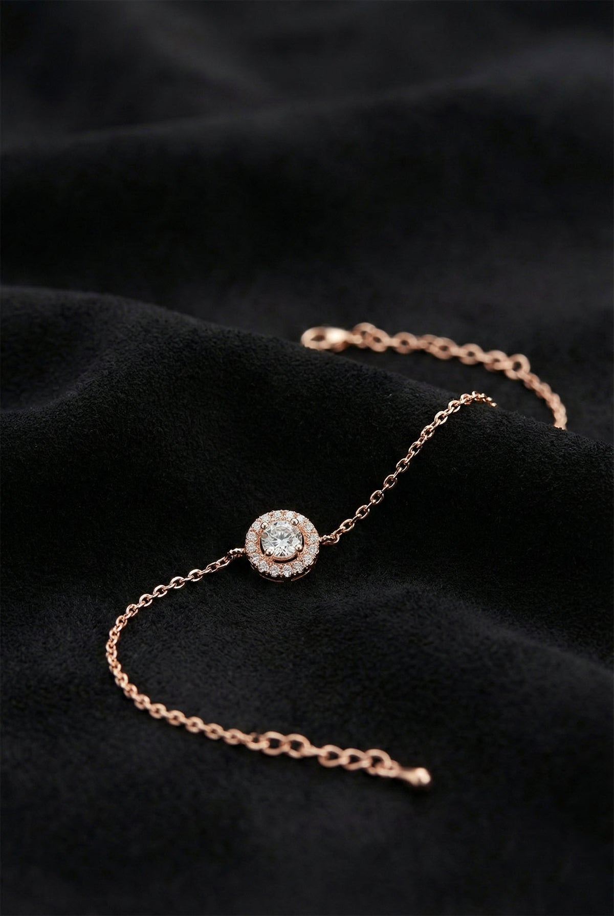 Rose Gold Halo Solitaire, Zircon Chain Bracelet | 925 Silver