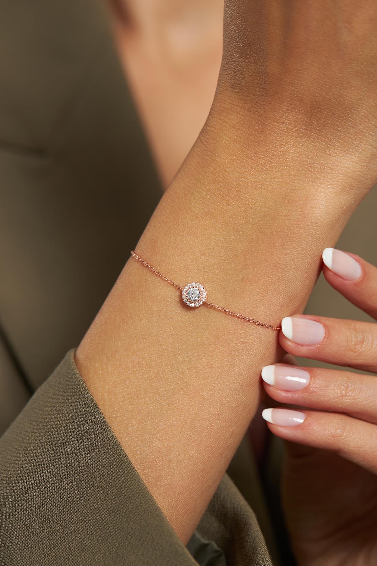 CZ Solitaire Halo Minimalist Bracelet Rose Gold Plated Silver