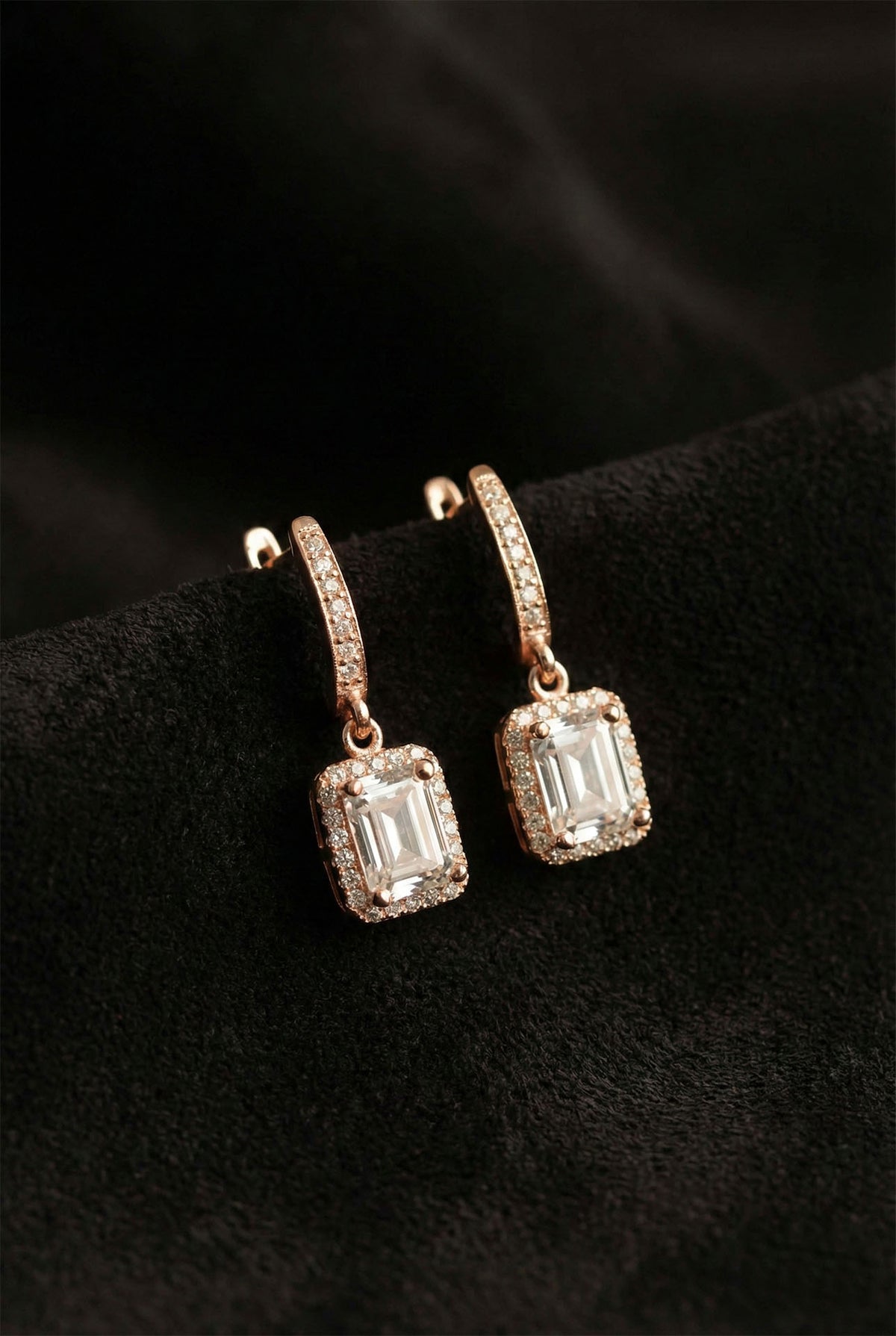 Rose Gold Solitaire Dangling Baguette Earrings in 925 sterling silver