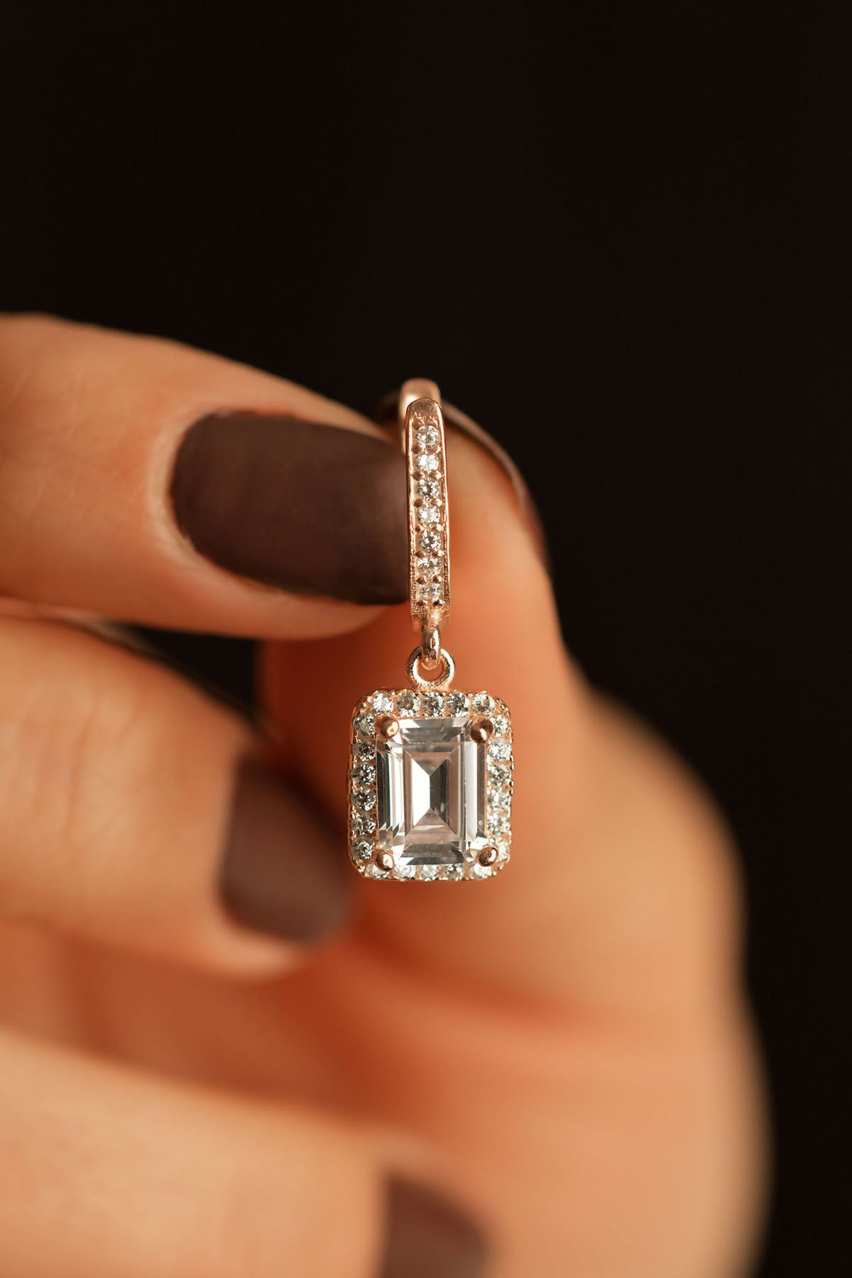 Rose Gold Solitaire Dangling Baguette Earrings in 925 sterling silver - view 2