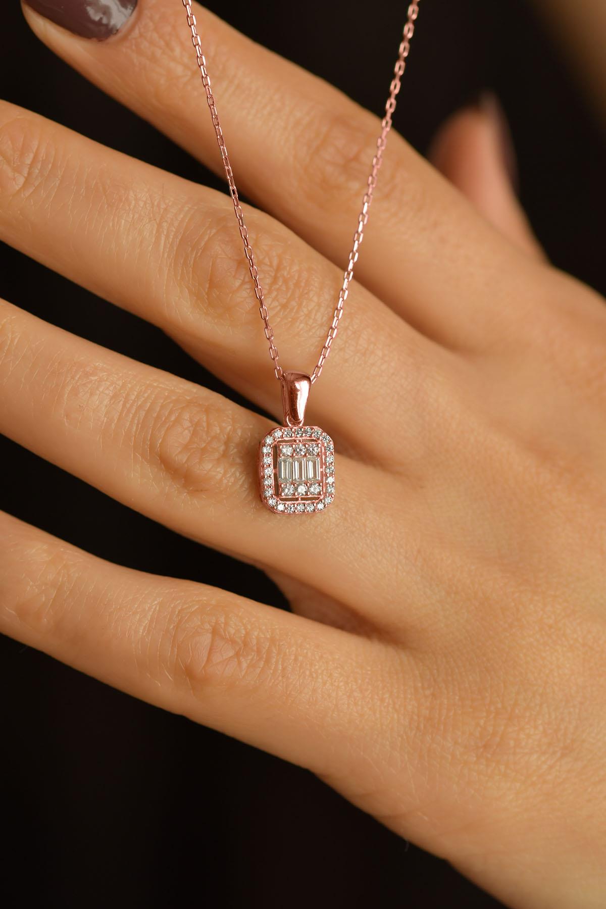 Zircon Stone Rose Three-Row Baguette Silver Necklace