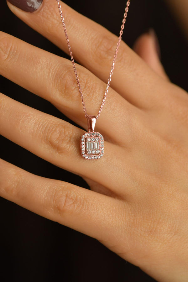 Zircon Stone Rose Three-Row Baguette Silver Necklace