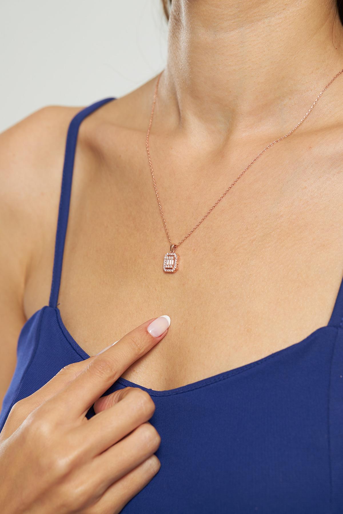 CZ Triple-Row Baguette Necklace Rose Gold Plated Silver