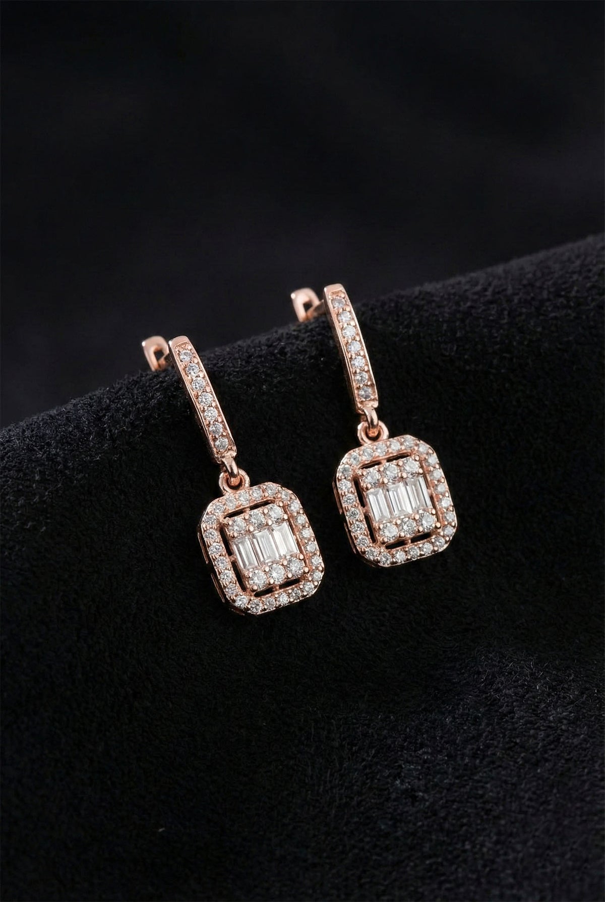Rose Gold Three-Row Dangling Baguette Earrings in 925 sterling silver
