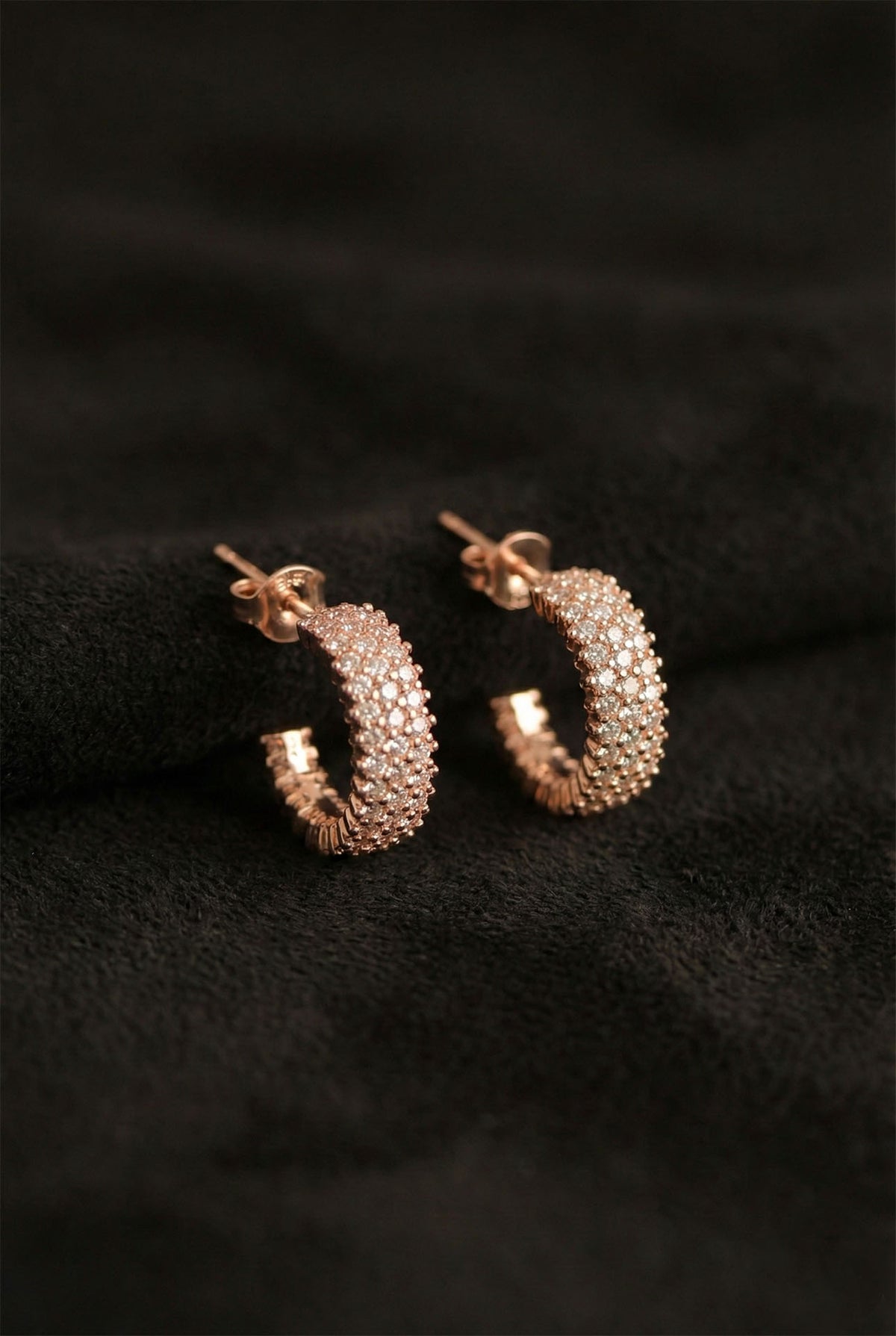 Rose Gold Zircon Three-Row Pavé Hoop Earrings in 925 sterling silver