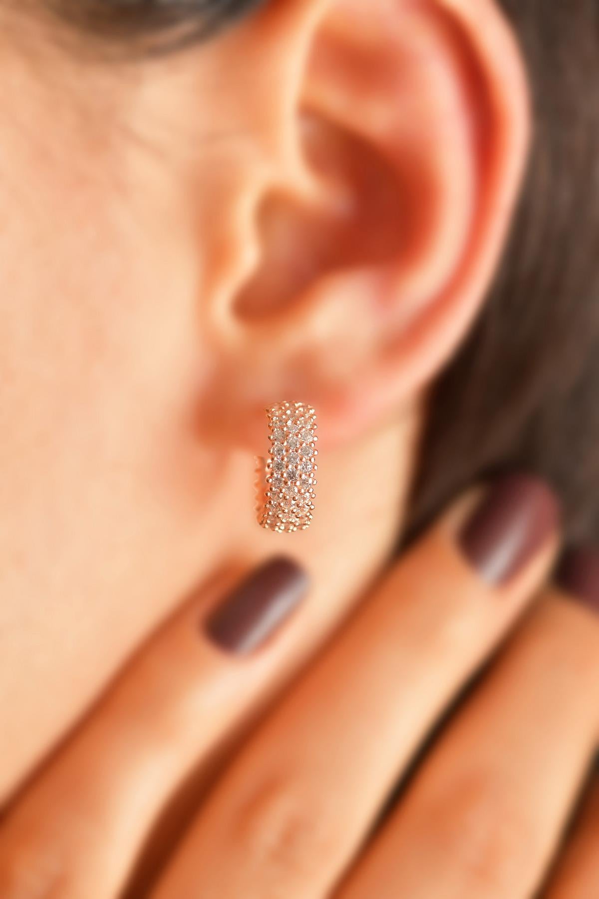 CZ Triple-Row Full-Hoop Hoop Style Stud Earrings Rose Gold Plated Silver