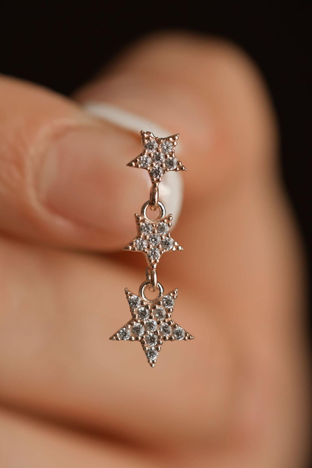 CZ Triple-Row Star Stud Earrings Rose Gold Plated Silver