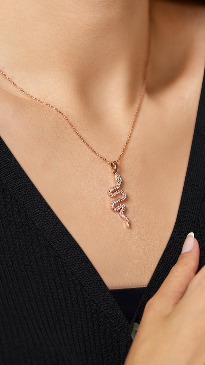 CZ Snake Necklace Rose Gold Plated Silver