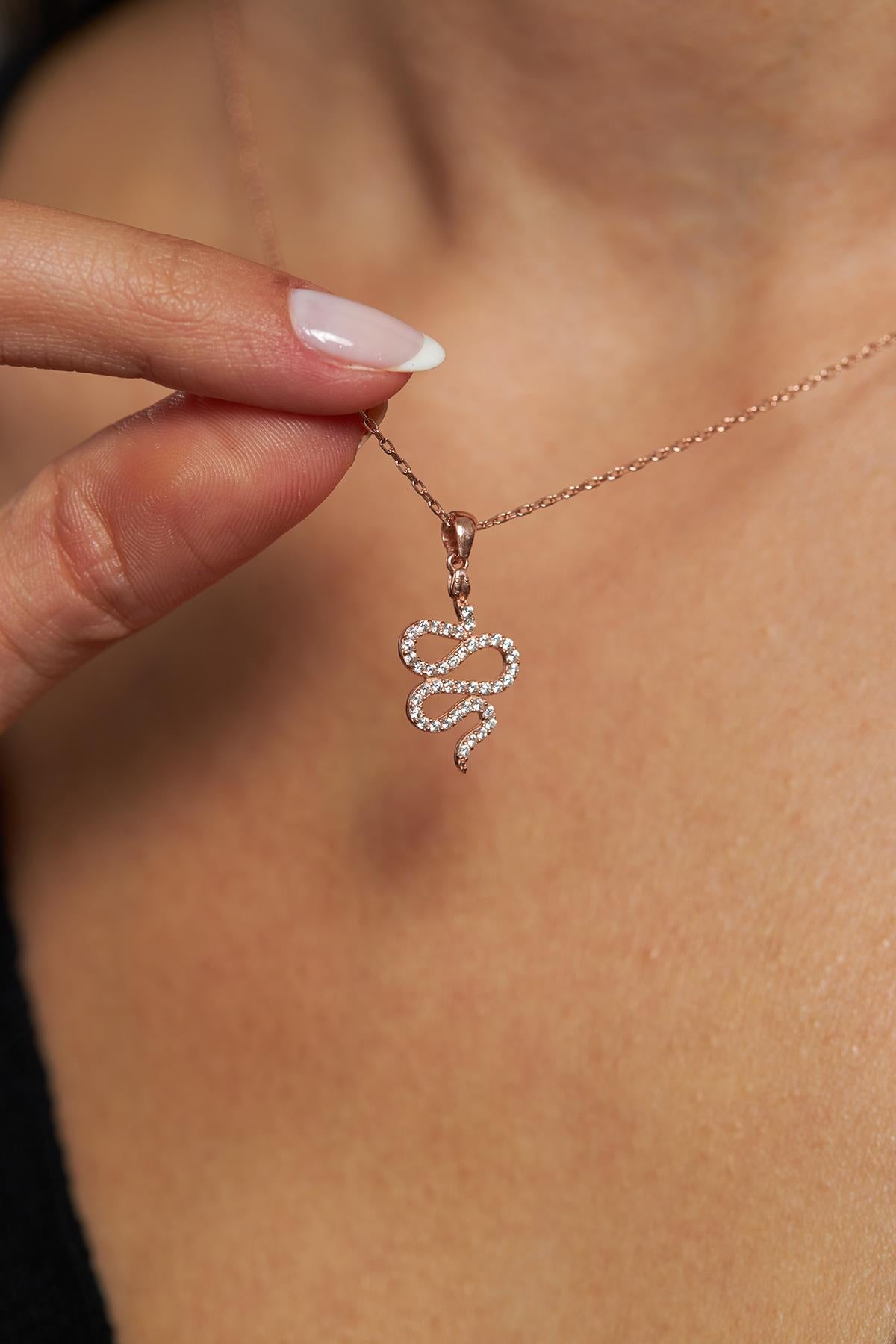 CZ Minimalist Snake Necklace Rose Gold Plated Silver