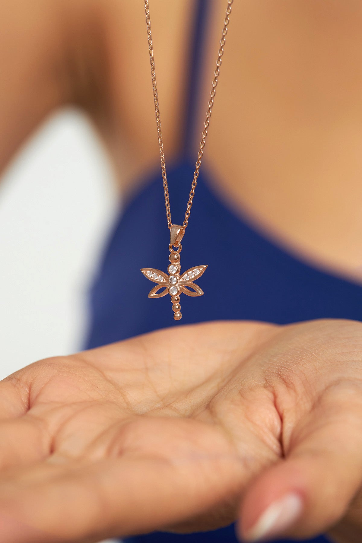 Rose Gold Plated Dragonfly Necklace with Stones in 925 sterling silver - view 2