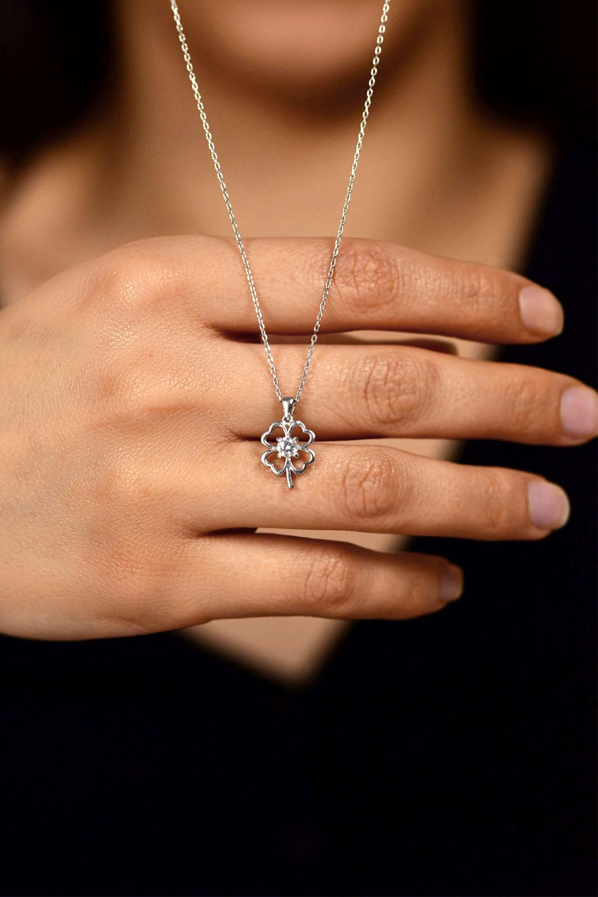 CZ Solitaire Clover Necklace Rhodium Plated Silver