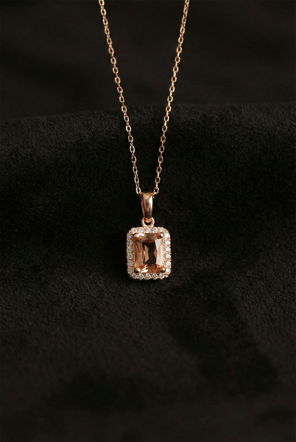 Rose Gold Emerald Cut Zultanite Halo Necklace | 925 Silver