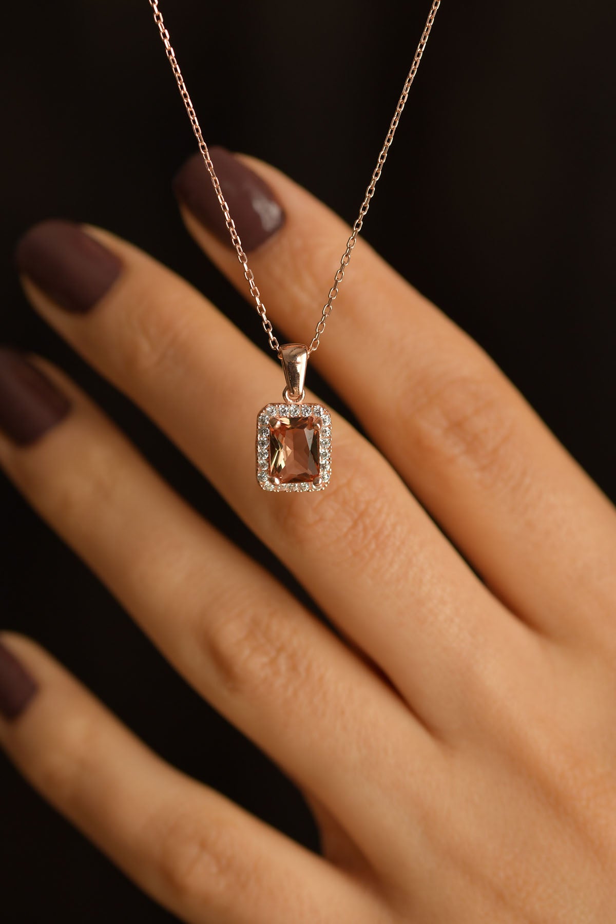 Rose Gold Emerald Cut Zultanite Halo Necklace | 925 Silver