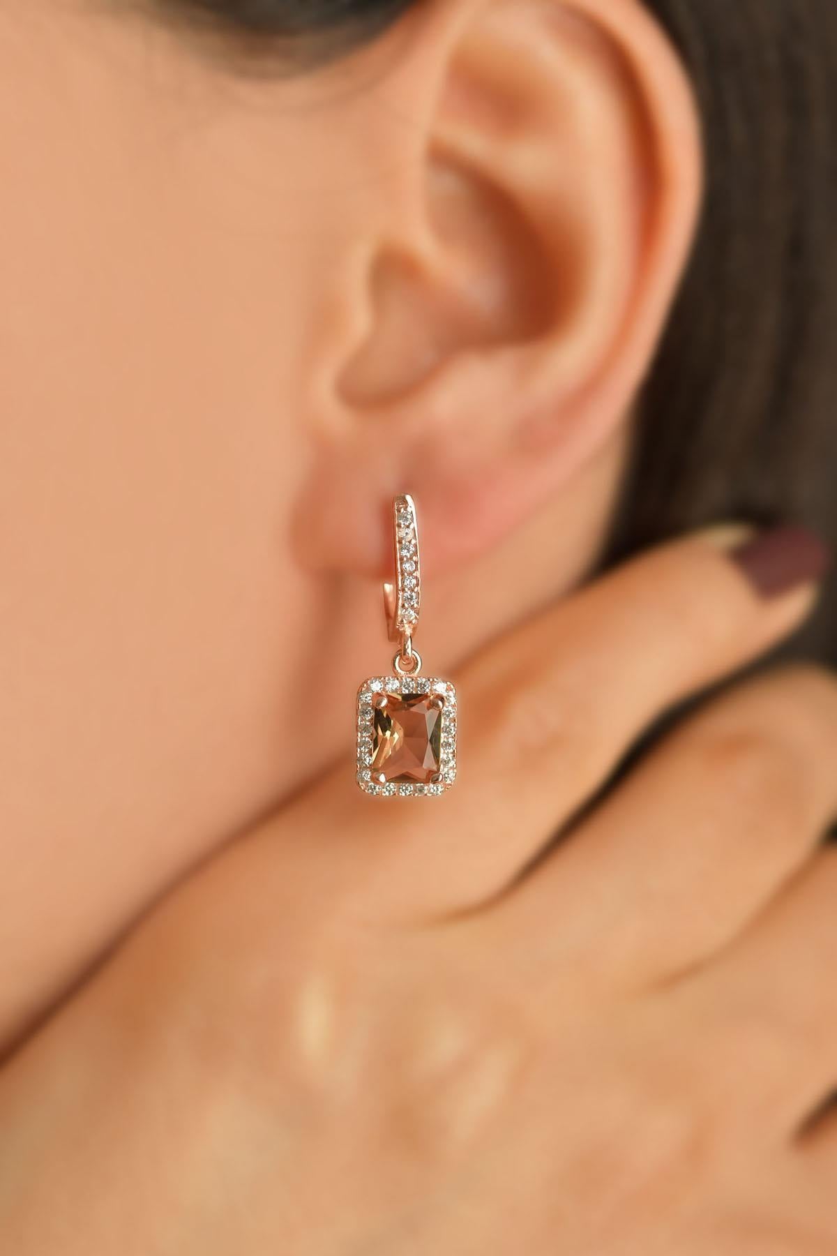 Zultanite Solitaire Dangle Baguette Earrings Rose Gold Plated Silver