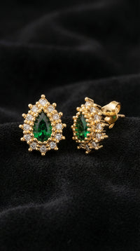 Emerald Gold Teardrop Entourage Minimalist Stud Silver Earrings