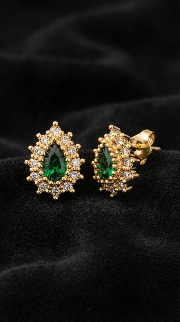 Emerald Gold Teardrop Entourage Minimalist Stud Silver Earrings