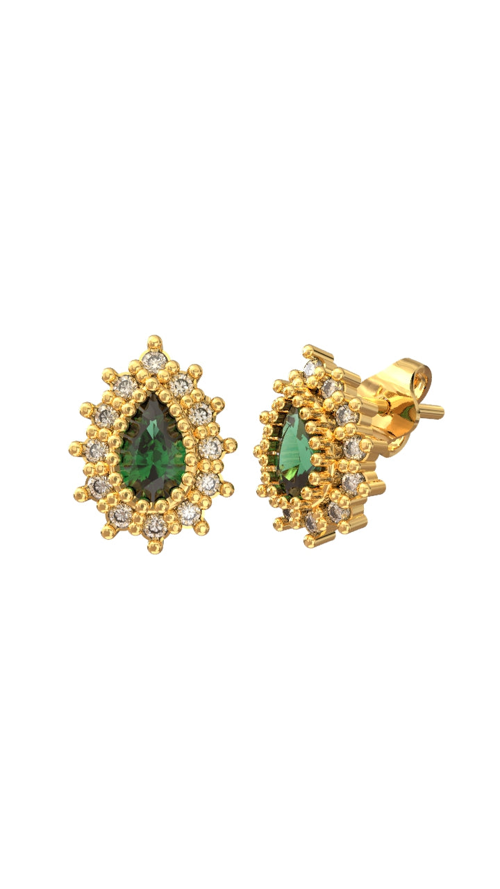 Emerald Drop Halo Minimalist Stud Earrings Gold Plated Silver