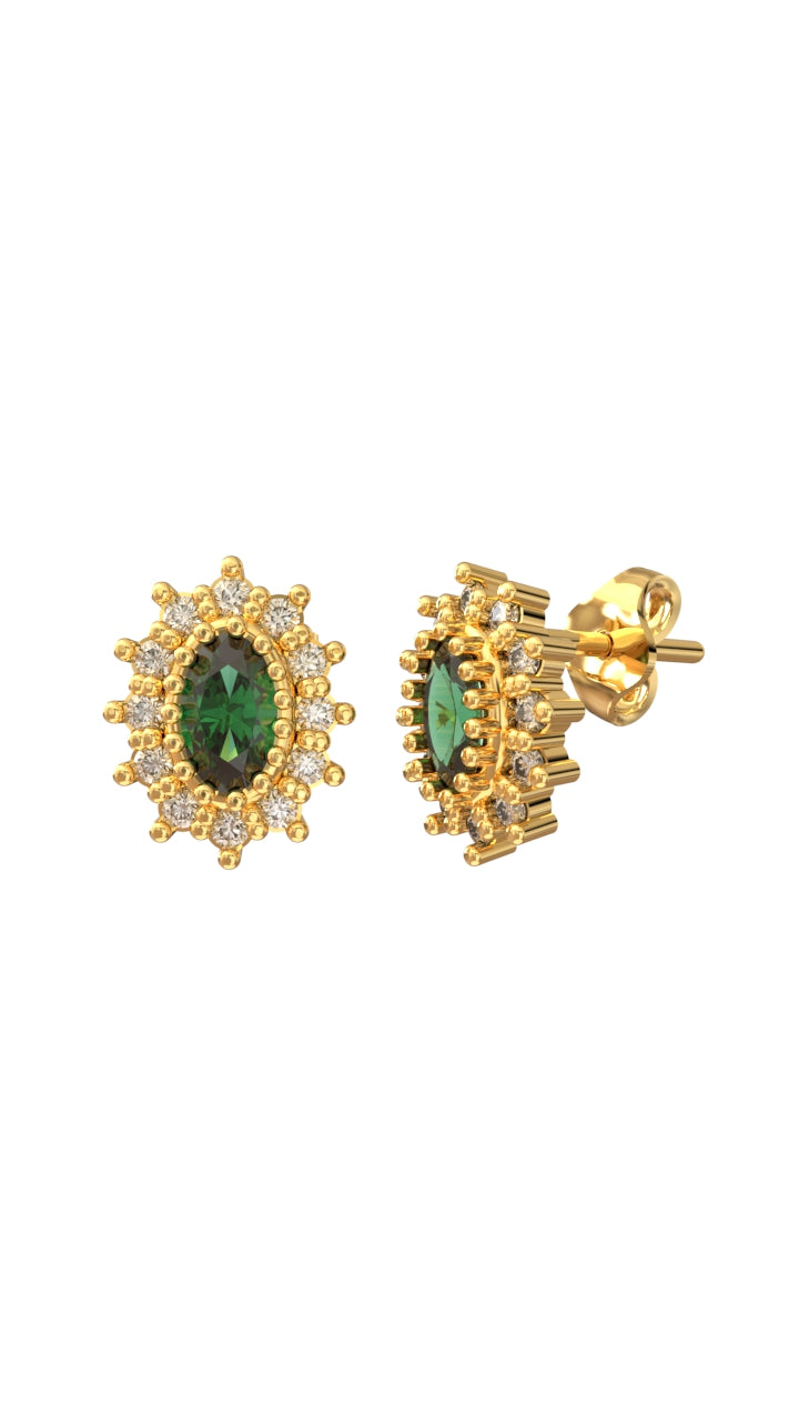 Emerald Oval Halo Minimalist Stud Earrings Gold Plated Silver