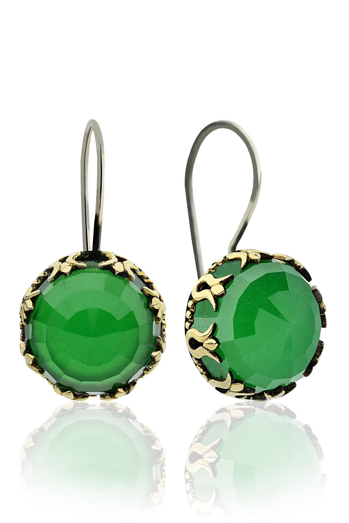Gilded Emerald Stone Tulip Motif Earrings | 925 Silver