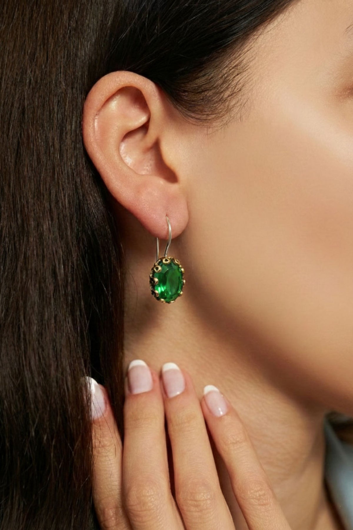 Gilded Emerald Stone Earrings in 925 sterling silver - view 2
