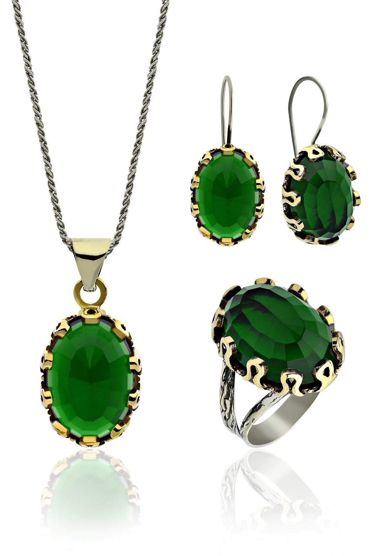 Gilded Oval Emerald Gemstone Jewelry Set in 925 sterling silver - view 7
