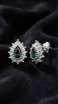 Emerald Stone Rhodium Drop Halo Minimal Stud Silver Earring