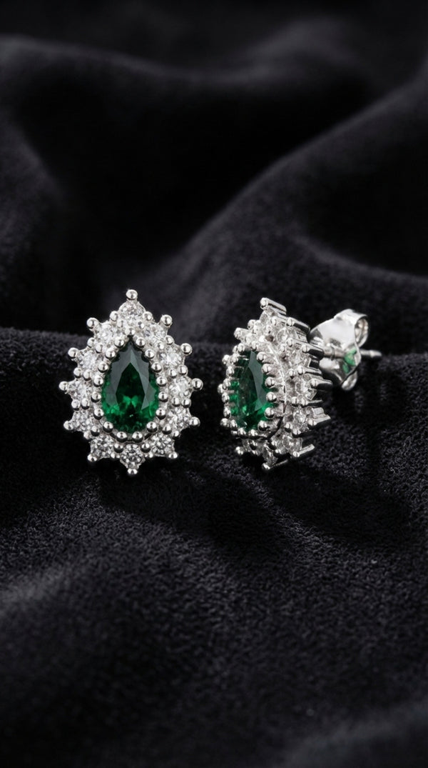 Emerald Stone Rhodium Drop Halo Minimal Stud Silver Earring