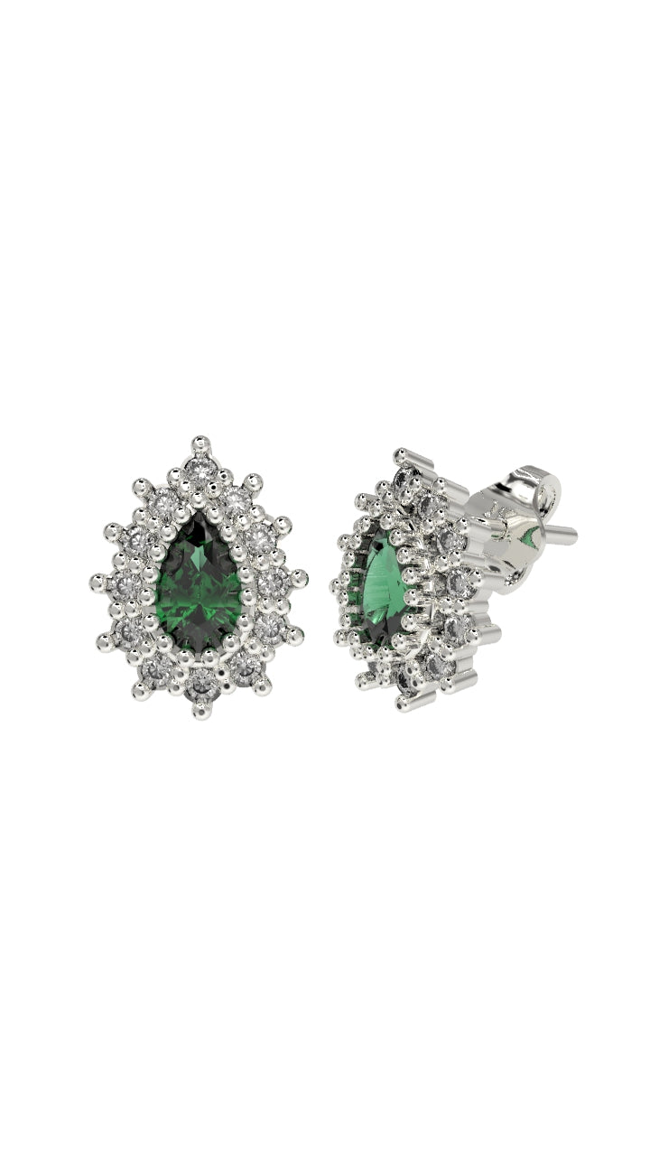 Emerald Stone Rhodium Drop Halo Minimal Stud Silver Earring