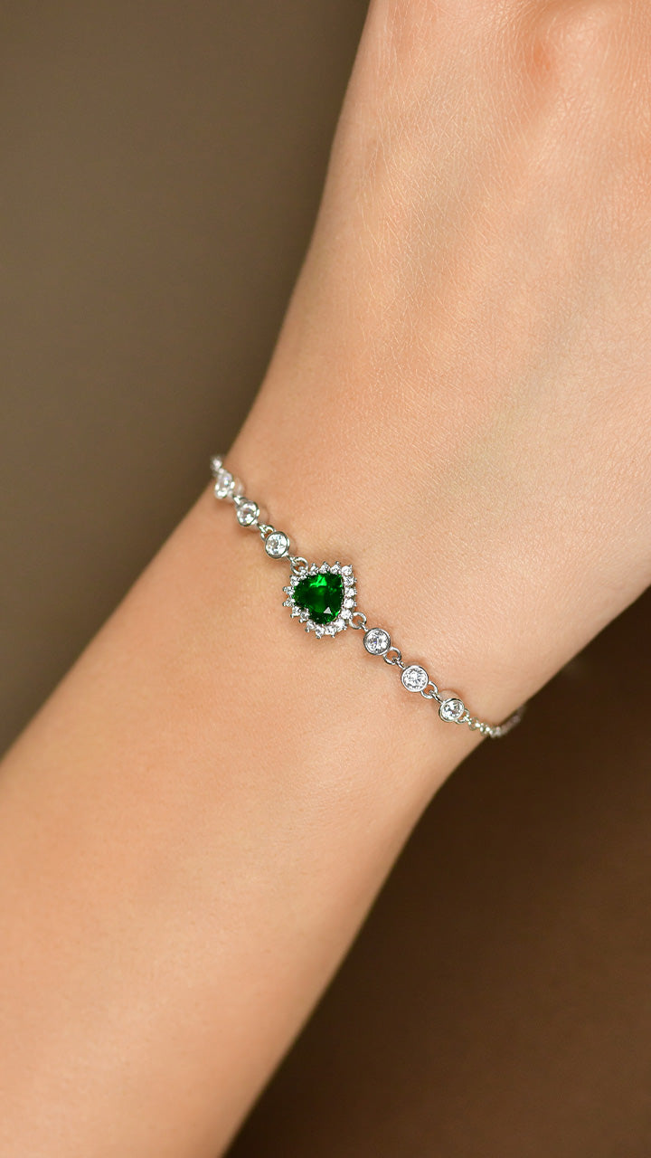 Rhodium Emerald Heart Halo, Green Bracelet | 925 Silver