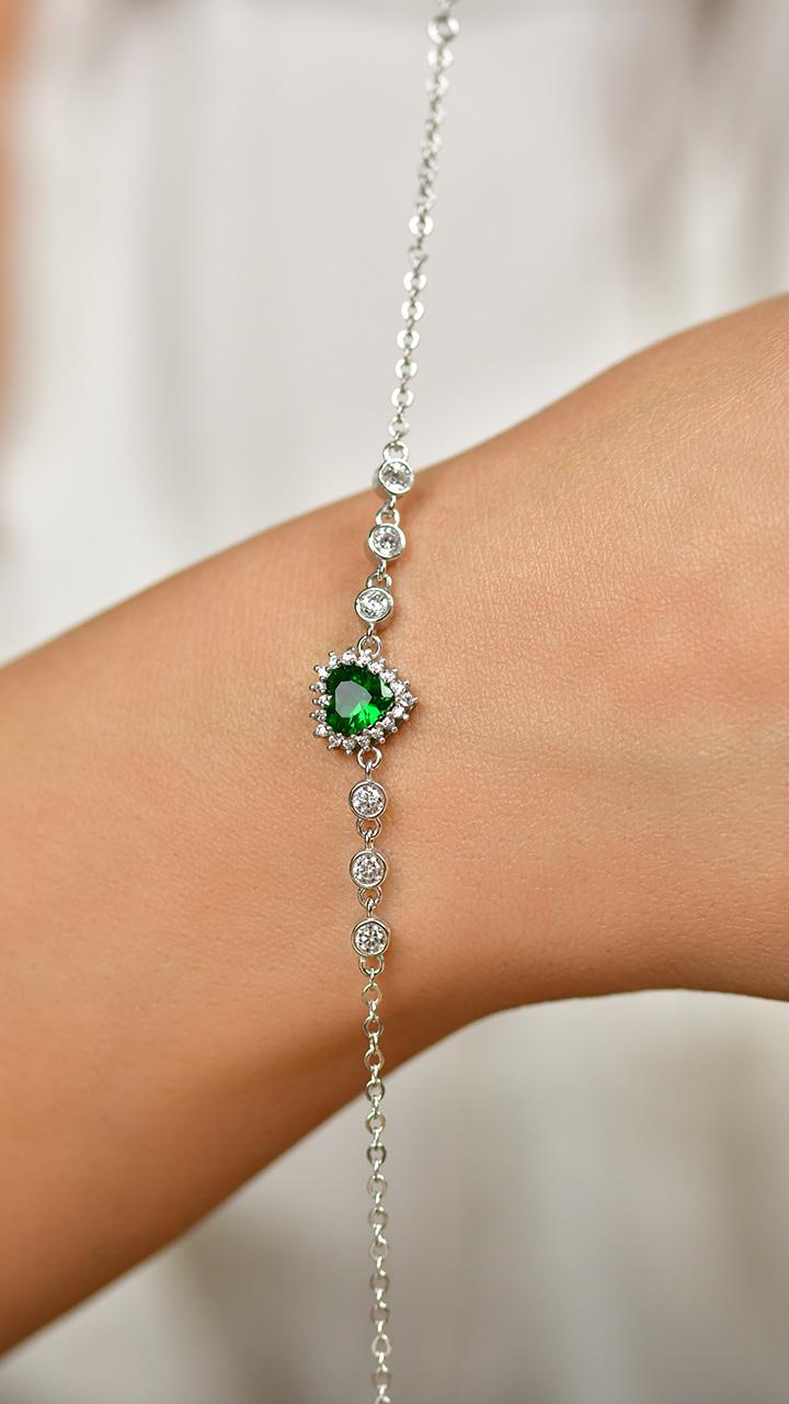Emerald Heart Halo Bracelet Rhodium Plated Silver