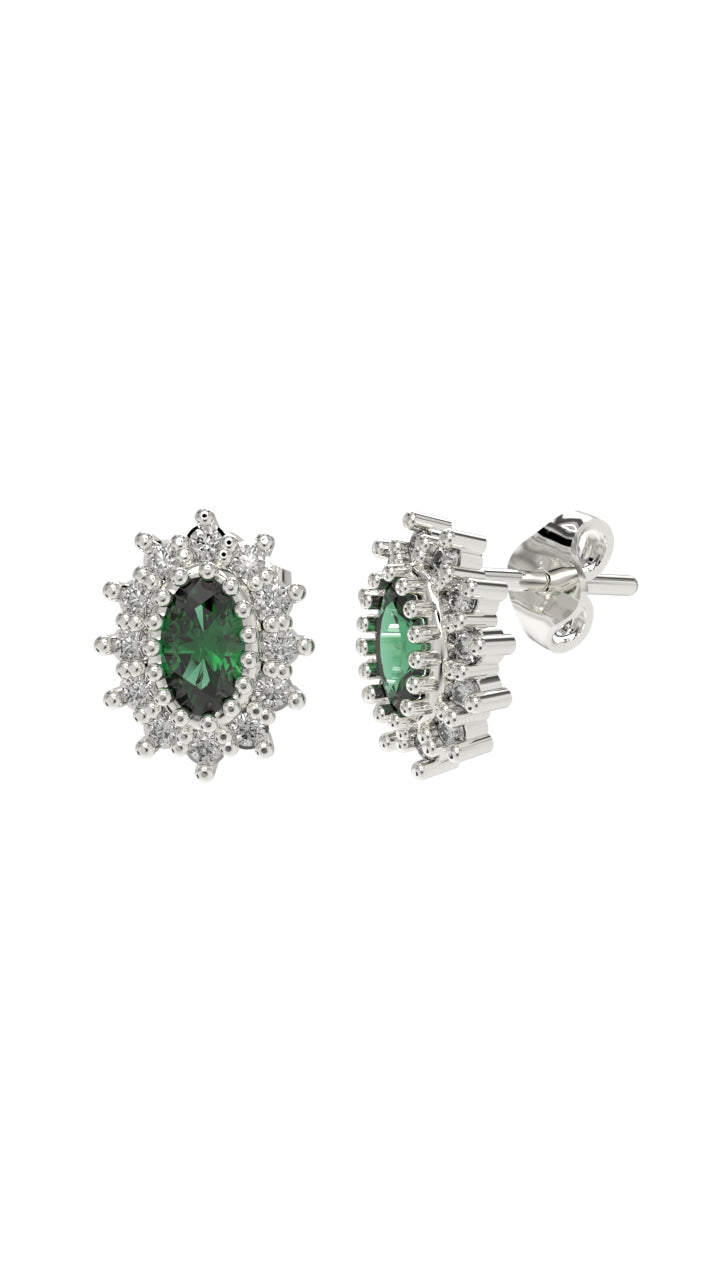 Emerald Oval Halo Minimalist Stud Earrings Rhodium Plated Silver