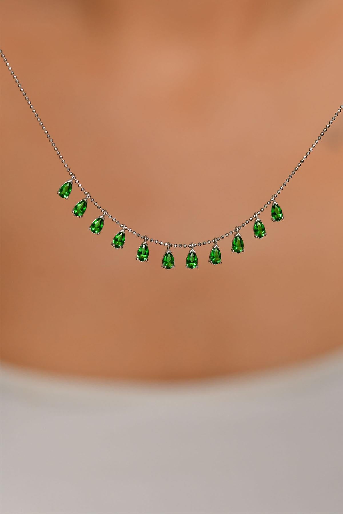 Emerald Stone Rhodium Shakira Teardrop Silver Necklace