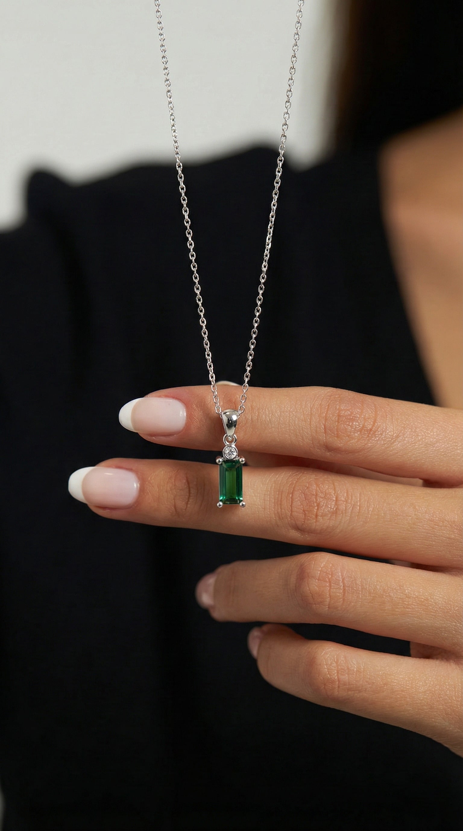 Emerald Solitaire Baguette Necklace Rhodium Plated Silver