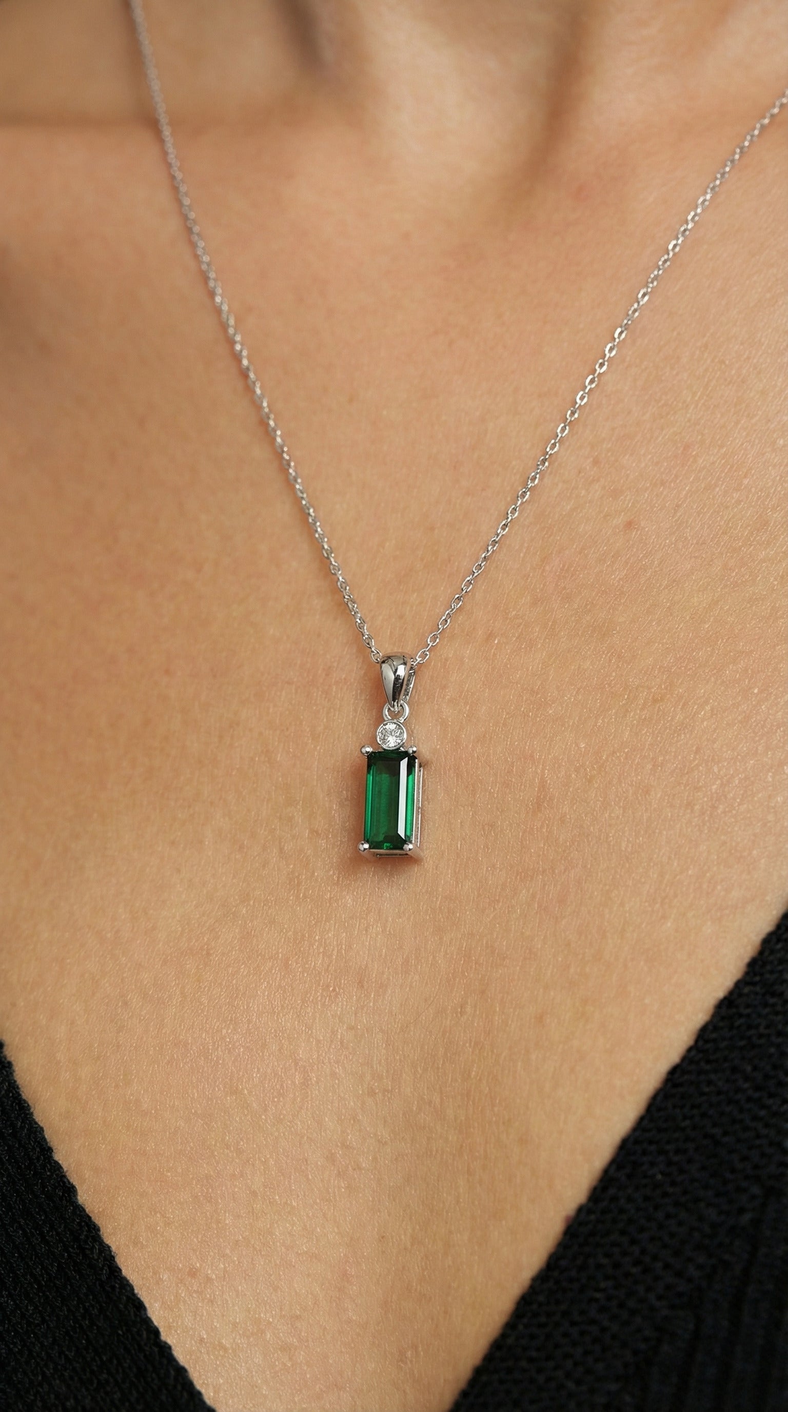 Emerald Solitaire Baguette Necklace Rhodium Plated Silver