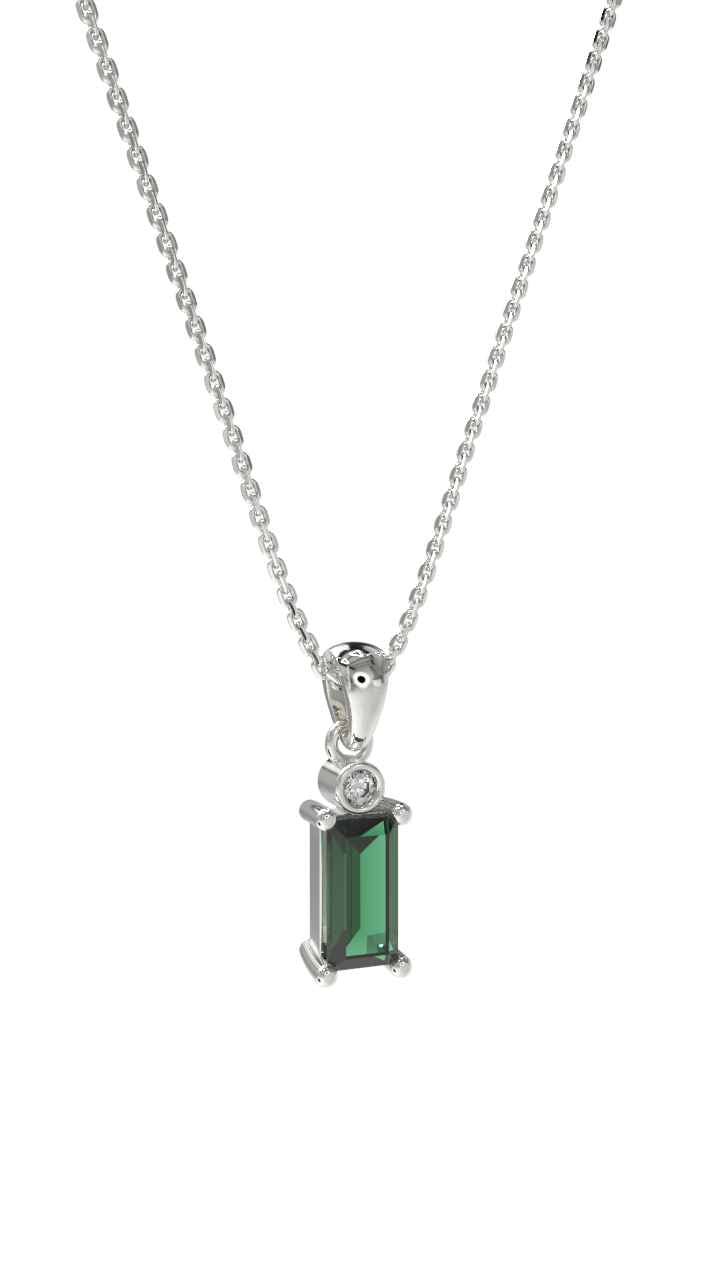 Emerald Solitaire Baguette Necklace Rhodium Plated Silver
