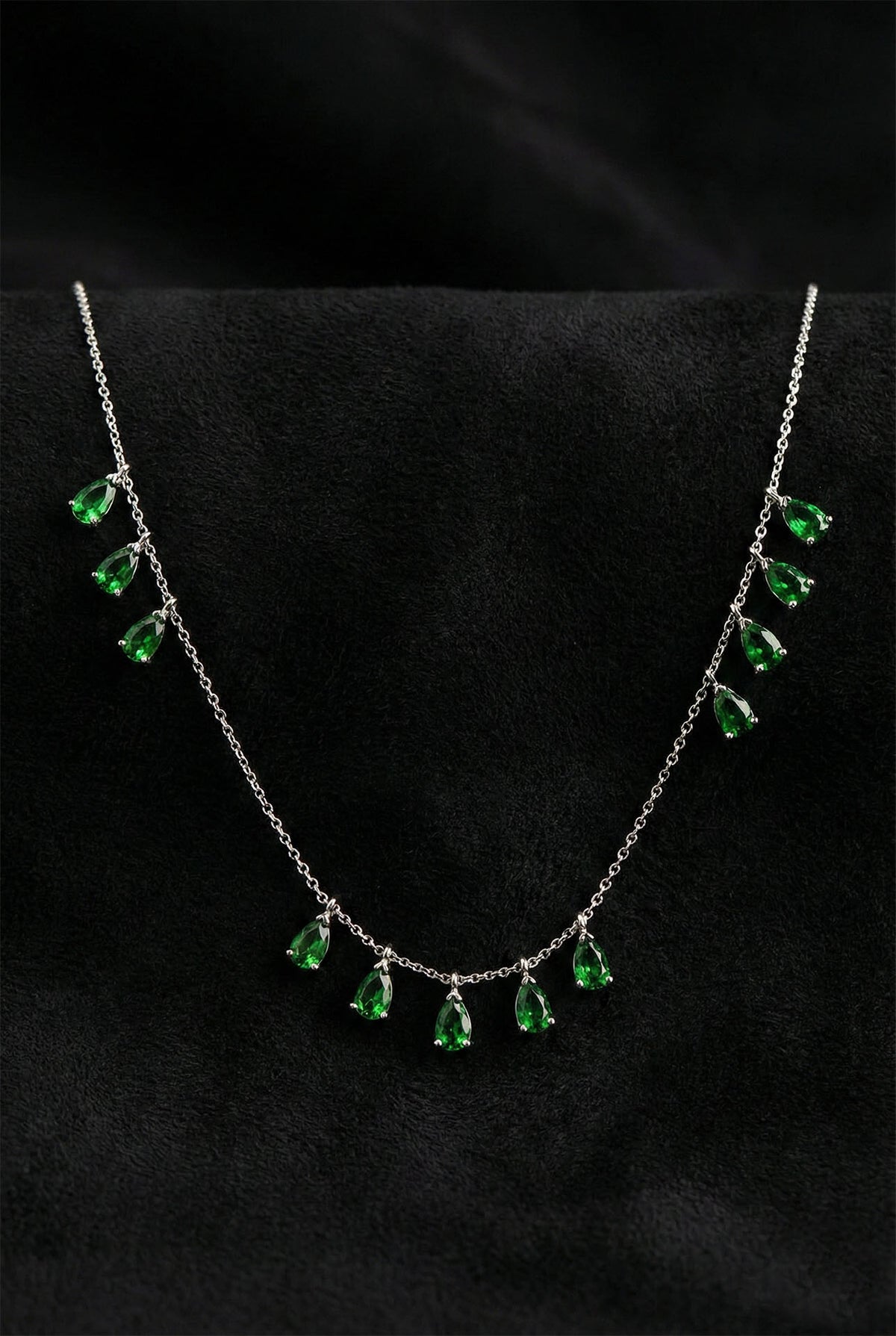 Emerald Three Row Teardrop Cluster Necklace in 925 sterling silver