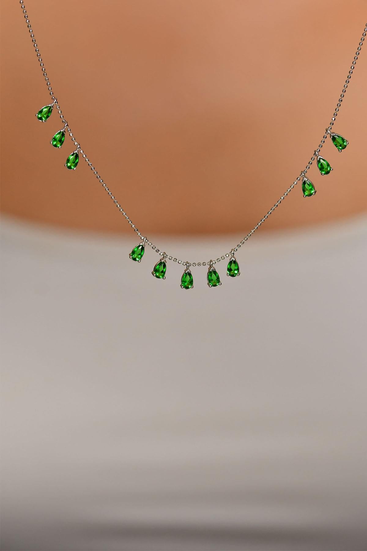 Emerald Stone Rhodium Three-Row Shakira Teardrop Silver Necklace